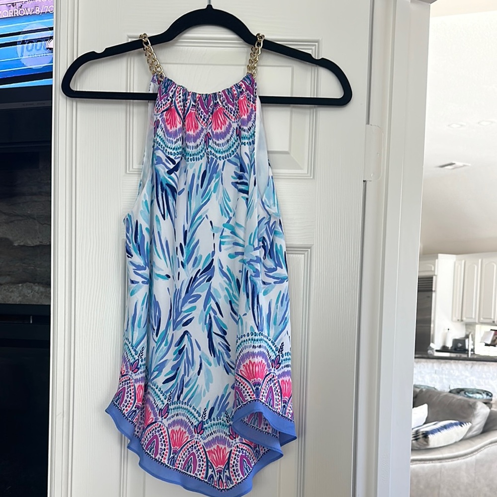 Asymmetrical Blue and White Tank Top with Tropical Print